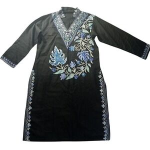 Handmade Embroidered Tunic Dress 38in Midi V-Neck Side Slits Fits M Cottagecore